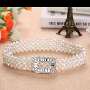 NEW Elegant Pearl Belt with Rhinestone Buckle Elastic Waistband
